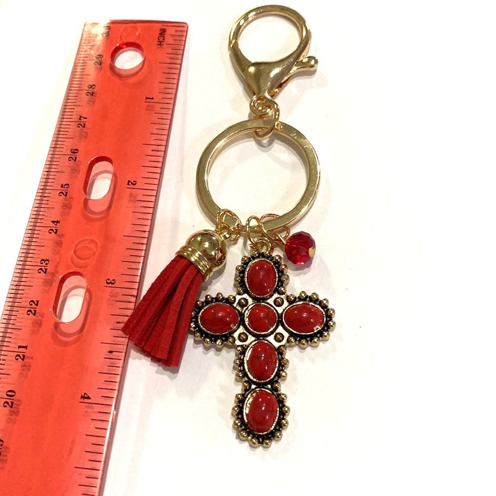 Religious Cross Keychain Purse Charm Red Gold Tone Tassel - Picture 4 of 4